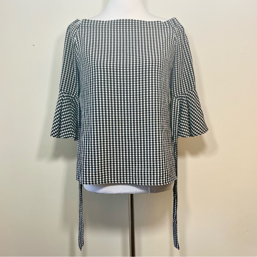 H&M Checked Off Shoulder Ruffle Sleeve Top